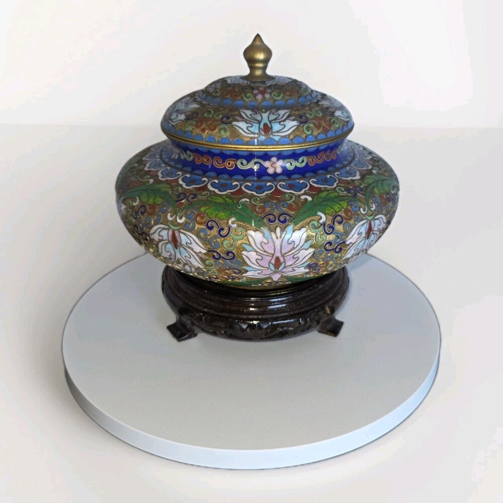 Vtg‎ Chinese Champleve Cloisonne Enamel Covered Ginger Jar Finial Base Antique
